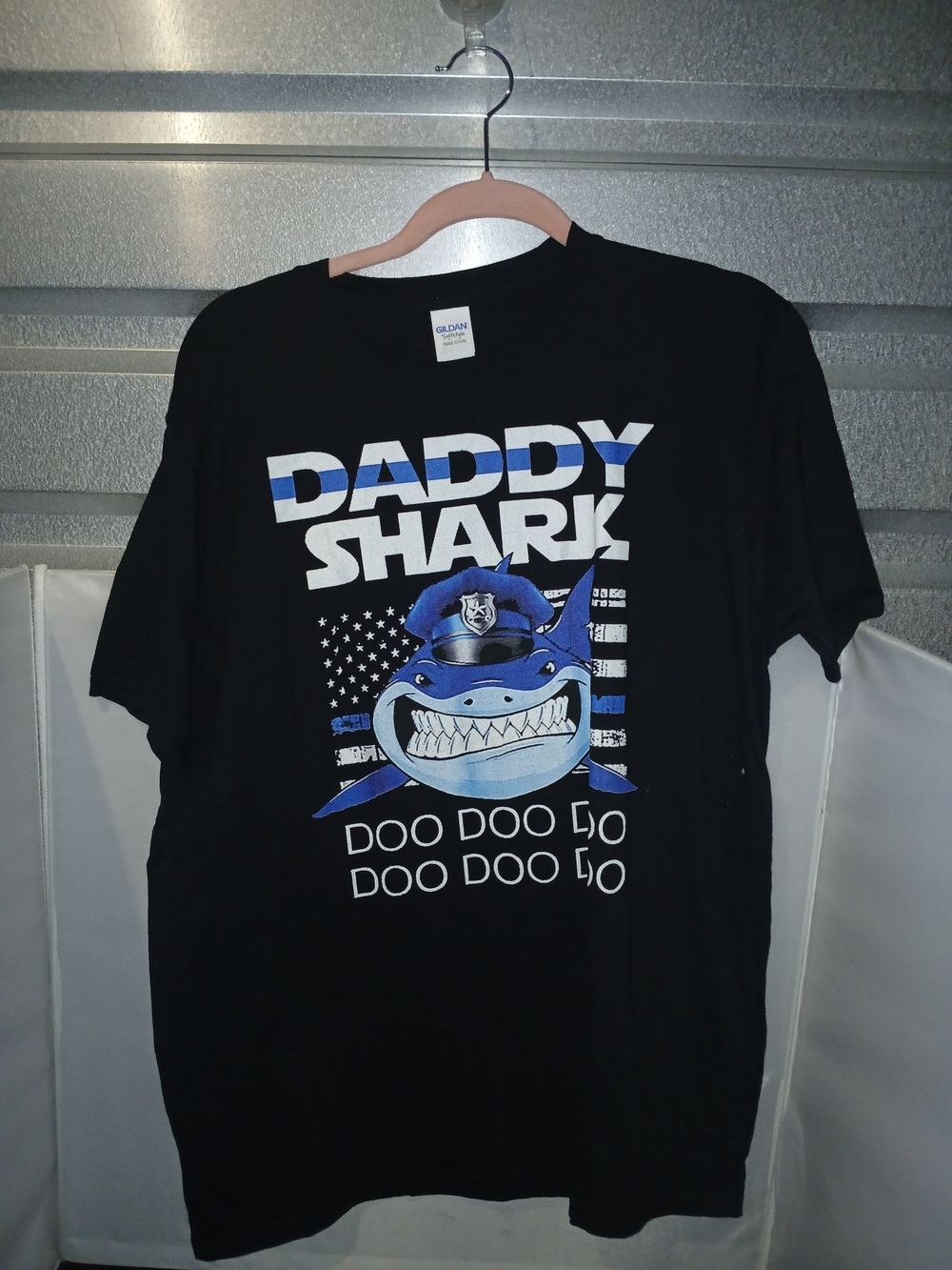 Gildan Black Tee with Blue Police Shark Graphic